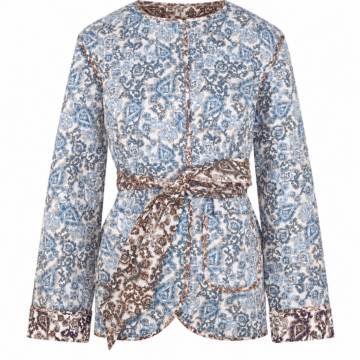 Paisley Print Collarless Jacket with Waist Sash
