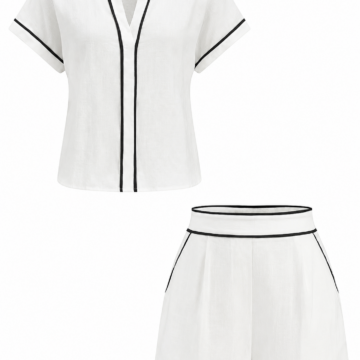 White Contrast Piping Short-Sleeve Shorts Set