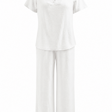 White Cutout Shoulder V-Neck Two-Piece Set