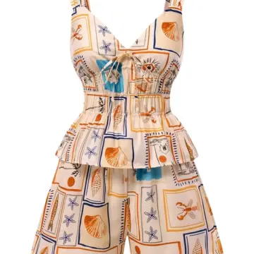 Cream Maritime Print Peplum Top and Shorts Set