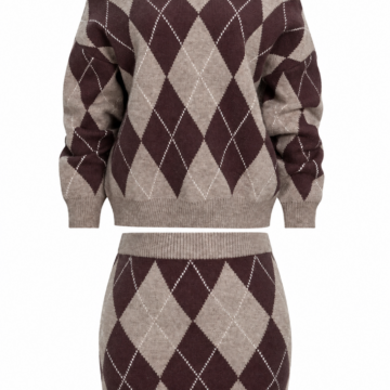 Taupe Argyle Off-Shoulder Knit Sweater and Mini Skirt Set