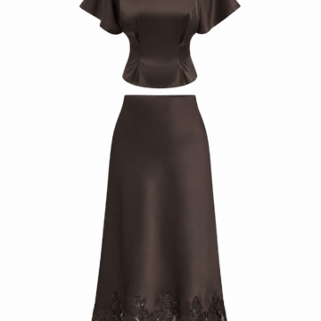 Dark Brown Flutter Sleeve Top and Lace Trim Midi Skirt Two-Piece Set