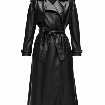 Black Longline Faux Leather Trench Coat with Belt