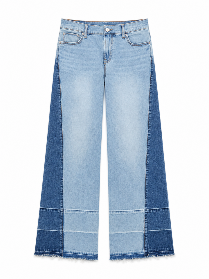 Two-Tone Color-Block High-Rise Wide-Leg Jeans with Frayed Hem