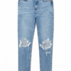 Medium Blue High-Rise Straight-Leg Jeans with Knee Distressing