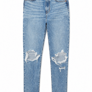 Medium Blue High-Rise Straight-Leg Jeans with Knee Distressing