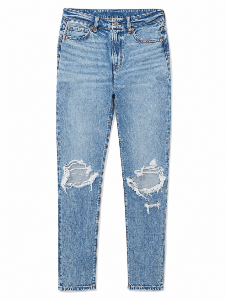 Medium Blue High-Rise Straight-Leg Jeans with Knee Distressing