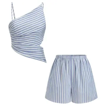 Blue and White Striped Ruched Cami and Shorts Set