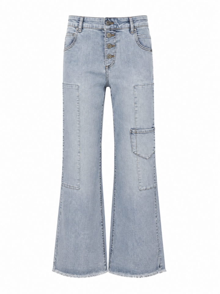 Light Wash High-Rise Flared Jeans with Utility Cargo Pocket