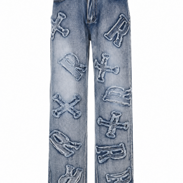 Medium Wash Straight-Leg Jeans with Frayed Appliqués