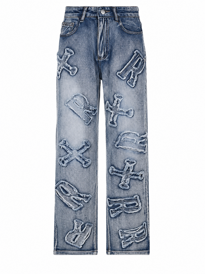 Medium Wash Straight-Leg Jeans with Frayed Appliqués