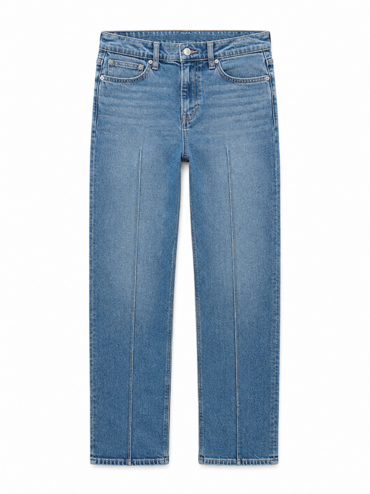 Medium Wash High-Rise Straight-Leg Jeans with Center Crease