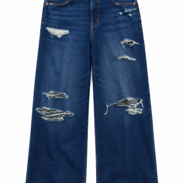 Dark Wash High-Rise Wide-Leg Distressed Jeans with Raw Hem