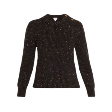 Black Ribbed Knit Sweater with Gold Flecks and Buttoned Shoulder