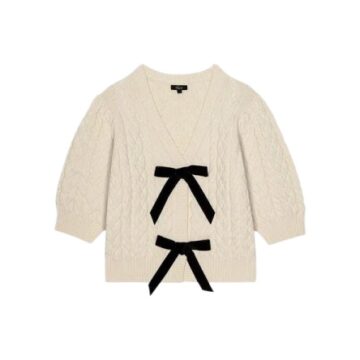 Cream Cable-Knit Cardigan with Black Bow Details and Three-Quarter Sleeves