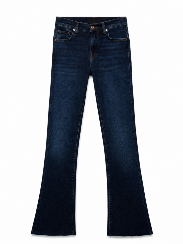 Dark Indigo High-Rise Flare Jeans with Raw Hem